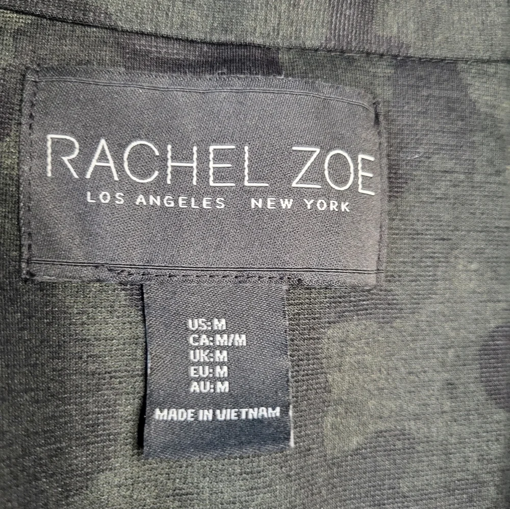 Rachel Zoe Women's Medium Black Green Camo Open Front Casual Blazer Jacket EUC